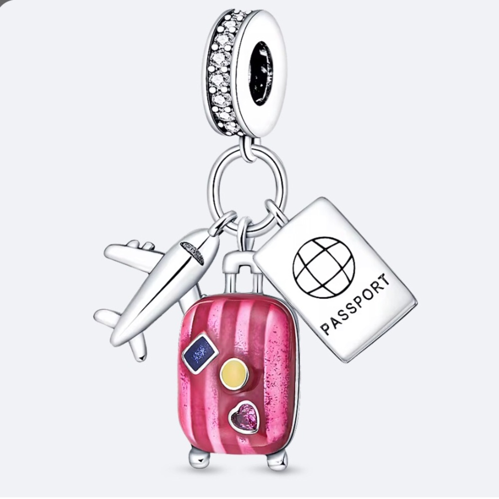 Sterling Silver Travel Charm Pendant - Pink Suitcase, Passport & Plane